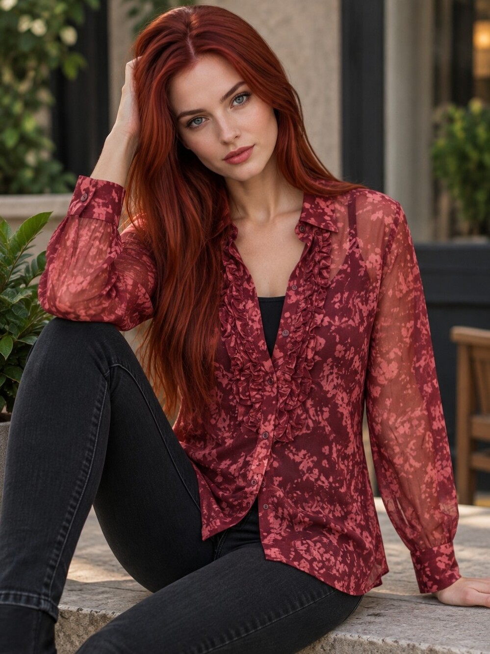 EUC NABI Size Large Art-to-Wear Crinkle Blouse Top Maroon Abstract Floral Print!